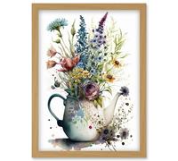 Spring Wildflower Floral Bouquet in a Teapot Vase Artwork Framed Wall Art Print A4 Artery8 Light Oak One Size