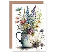 Artery8 Spring Wildflower Floral Bouquet in a Teapot Vase Flowers Nature Birthday Sealed Greeting Card Plus Envelope Blank inside