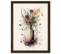 Artery8 Spring Wildflower Floral Bouquet in a Wine Bottle Artwork Framed A3 Wall Art Print