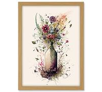 Artery8 Spring Wildflower Floral Bouquet in a Wine Bottle Artwork Framed A3 Wall Art Print