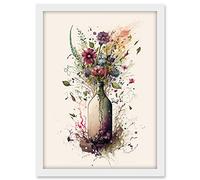 Artery8 Spring Wildflower Floral Bouquet in a Wine Bottle Artwork Framed A3 Wall Art Print