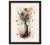 Artery8 Spring Wildflower Floral Bouquet in a Wine Bottle Artwork Framed Wall Art Print A4 in Black Artery8 Black