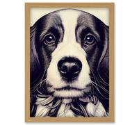 Artery8 Springer Spaniel Puppy Dog Portrait Drawing Artwork Framed Wall Art Print A4 in Light Oak Artery8 Light Oak