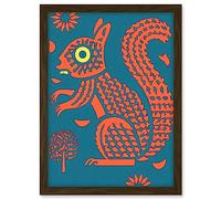 Artery8 Squirrel Colour Block Modern Folk Art Linocut Artwork Framed A3 Wall Art Print