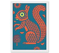 Artery8 Squirrel Colour Block Modern Folk Art Linocut Artwork Framed A3 Wall Art Print