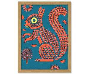 Artery8 Squirrel Colour Block Modern Folk Art Linocut Artwork Framed A3 Wall Art Print