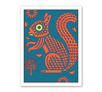 Artery8 Squirrel Colour Block Modern Folk Art Linocut Artwork Framed Wall Art Print 18X24 Inch