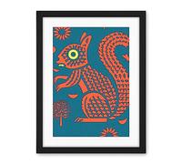 Artery8 Squirrel Colour Block Modern Folk Art Linocut Artwork Framed Wall Art Print 18X24 Inch
