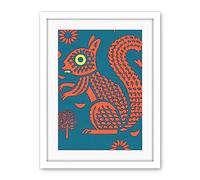 Artery8 Squirrel Colour Block Modern Folk Art Linocut Artwork Framed Wall Art Print 18X24 Inch