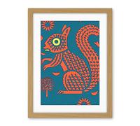 Artery8 Squirrel Colour Block Modern Folk Art Linocut Artwork Framed Wall Art Print 18X24 Inch