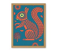 Artery8 Squirrel Colour Block Modern Folk Art Linocut Artwork Framed Wall Art Print 18X24 Inch