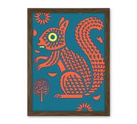 Artery8 Squirrel Colour Block Modern Folk Art Linocut Artwork Framed Wall Art Print 18X24 Inch