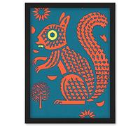Artery8 Squirrel Colour Block Modern Folk Art Linocut Artwork Framed Wall Art Print A4
