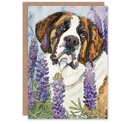Artery8 St Bernard Dog Lover Lupine Flowers Watercolour Blank For Him Or Her Art Birthday Card