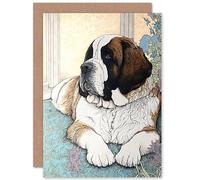 Artery8 St Bernard Dog Lying by Flower Pot Modern Bright Multicoloured Illustration Art Birthday Sealed Greeting Card Plus Envelope Blank inside