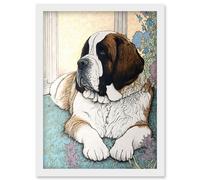 Artery8 St Bernard Dog Lying by Flower Pot Modern Bright Multicoloured Illustration Artwork Framed Wall Art Print A4 in White Artery8 White