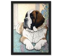 Artery8 St Bernard Dog Lying by Flower Pot Modern Bright Multicoloured Illustration Artwork Framed Wall Art Print A4 in Black Artery8 Black
