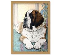 Artery8 St Bernard Dog Lying by Flower Pot Modern Bright Multicoloured Illustration Artwork Framed Wall Art Print A4 in Light Oak Artery8 Light Oak