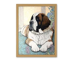 Artery8 St Bernard Dog Lying by Flower Pot Modern Bright Multicoloured Illustration Artwork Framed Wall Art Print 18X24 Inch