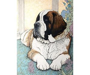 Artery8 St Bernard Dog Lying by Flower Pot Modern Bright Multicoloured Illustration Large Wall Art Poster Print Thick Paper 18X24 Inch
