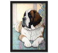 Artery8 St Bernard Dog Lying By Flower Pot Modern Bright Multicoloured Illustration Wall Art Print - A4 Size