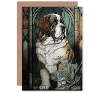 Artery8 St Bernard Dog with Silvery Lupine Flowers Modern Art Nouveau Illustration Art Birthday Sealed Greeting Card Plus Envelope Blank inside