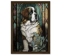 Artery8 St Bernard Dog with Silvery Lupine Flowers Modern Art Nouveau Illustration Artwork Framed A3 Wall Art Print