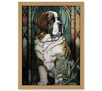 Artery8 St Bernard Dog with Silvery Lupine Flowers Modern Art Nouveau Illustration Artwork Framed A3 Wall Art Print