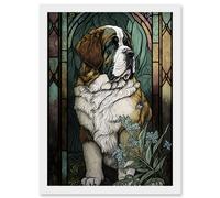 Artery8 St Bernard Dog with Silvery Lupine Flowers Modern Art Nouveau Illustration Artwork Framed Wall Art Print A4 in White Artery8 White