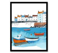 Artery8 St Ives Bay Boats Coastal Cityscape Watercolour Bathroom Toilet Artwork Framed Wall Art Print A4