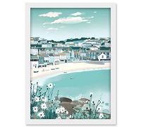 Artery8 St Ives Bay Daisies Soft Pastel Coastal Cityscape Artwork Framed A3 Wall Art Print