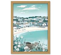 Artery8 St Ives Bay Daisies Soft Pastel Coastal Cityscape Artwork Framed A3 Wall Art Print