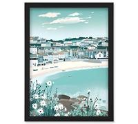 Artery8 St Ives Bay Daisies Soft Pastel Coastal Cityscape Artwork Framed Wall Art Print A4