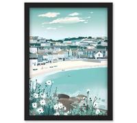 Artery8 St Ives Bay Daisies Soft Pastel Coastal Cityscape Artwork Framed Wall Art Print A4