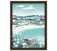 Artery8 St Ives Bay Daisies Soft Pastel Coastal Cityscape Artwork Framed Wall Art Print A4 in Brown Artery8 Brown