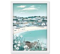 St Ives Bay Daisies Soft Pastel Coastal Cityscape Artwork Framed Wall Art Print A4 Artery8 White One Size