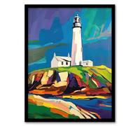Artery8 St Mary's Lighthouse Northen Lights Sky Colourful Bathroom Toilet Artwork Framed Wall Art Print 18X24 Inch