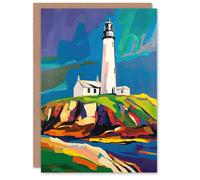 Artery8 Greeting Card St Mary's Lighthouse Northen Lights Sky Colourful Blank For Him Or Her Art Birthday Card