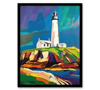 Artery8 St Mary's Lighthouse Northen Lights Sky Colourful Framed Art Print | Size: W12" x H16" Artery8 Multicolor W12" x H16"