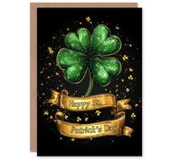 Artery8 St. Patrick's Day Card Golden Four Leaf Clover Blank For Him Or Her Art Greeting Card