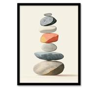 Artery8 Stacked Rock Cairn Bright Vertical Boho Design Framed Wall Art in Grey | Size: A4 Artery8 Grey A4