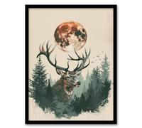 Artery8 Stag Full Moon Pine Trees Forest Artistic Design For Living Room Artwork Framed Wall Art Print 18X24 Inch