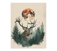 Wall Art Print Stag Full Moon Pine Trees Forest Artistic Design Poster Artery8 Green W24 inch x H32 inch