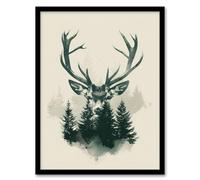 Artery8 Stag Head and Pine Trees Forest Design For Living Room Artwork Framed Wall Art Print A4