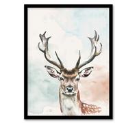 Artery8 Stag Head Portrait Modern Watercolour Pastel Living Room Artwork Framed Wall Art Print A4