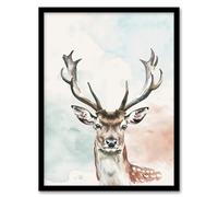 Artery8 Stag Head Portrait Modern Watercolour Pastel Living Room Artwork Framed Wall Art Print A4