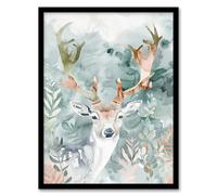 Artery8 Stag in Forest Modern Watercolour Light Nature Living Room Artwork Framed Wall Art Print A4