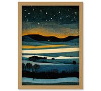 Star Filled Twilight Landscape Painting Artwork Framed Wall Art Print A4 Artery8 Light Oak One Size
