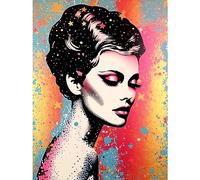 Artery8 Stars in Hair Female Portrait Linocut Blue Yellow Pink Glam Glitter Aesthetic Teen Room Large Wall Art Poster Print Thick Paper 18X24 Inch