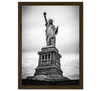 Artery8 Statue Liberty New York City USA Black White Artwork Framed Wall Art Print A4 in Brown Artery8 Brown